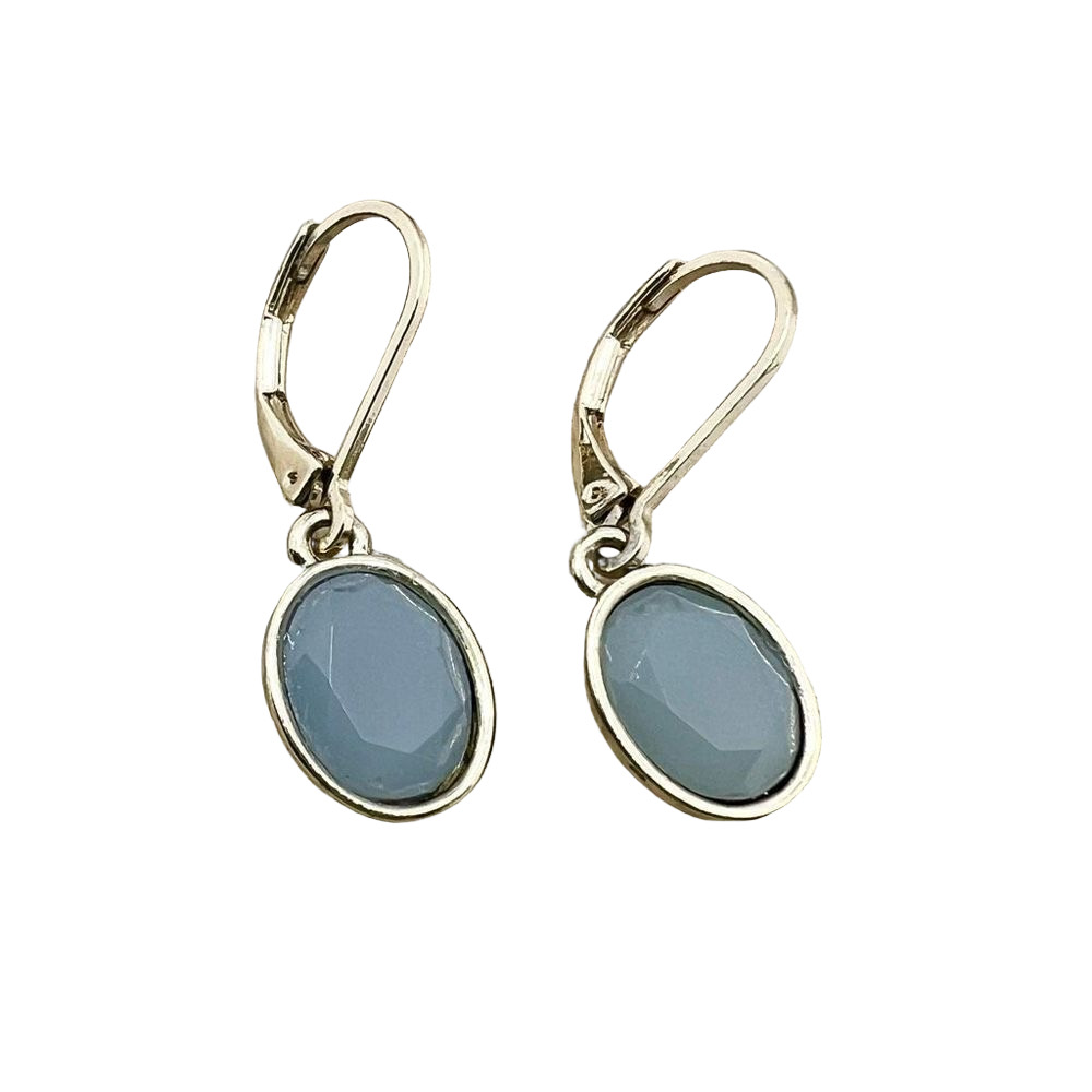 Faceted blue grey hinge dangle earrings on gold tone backing